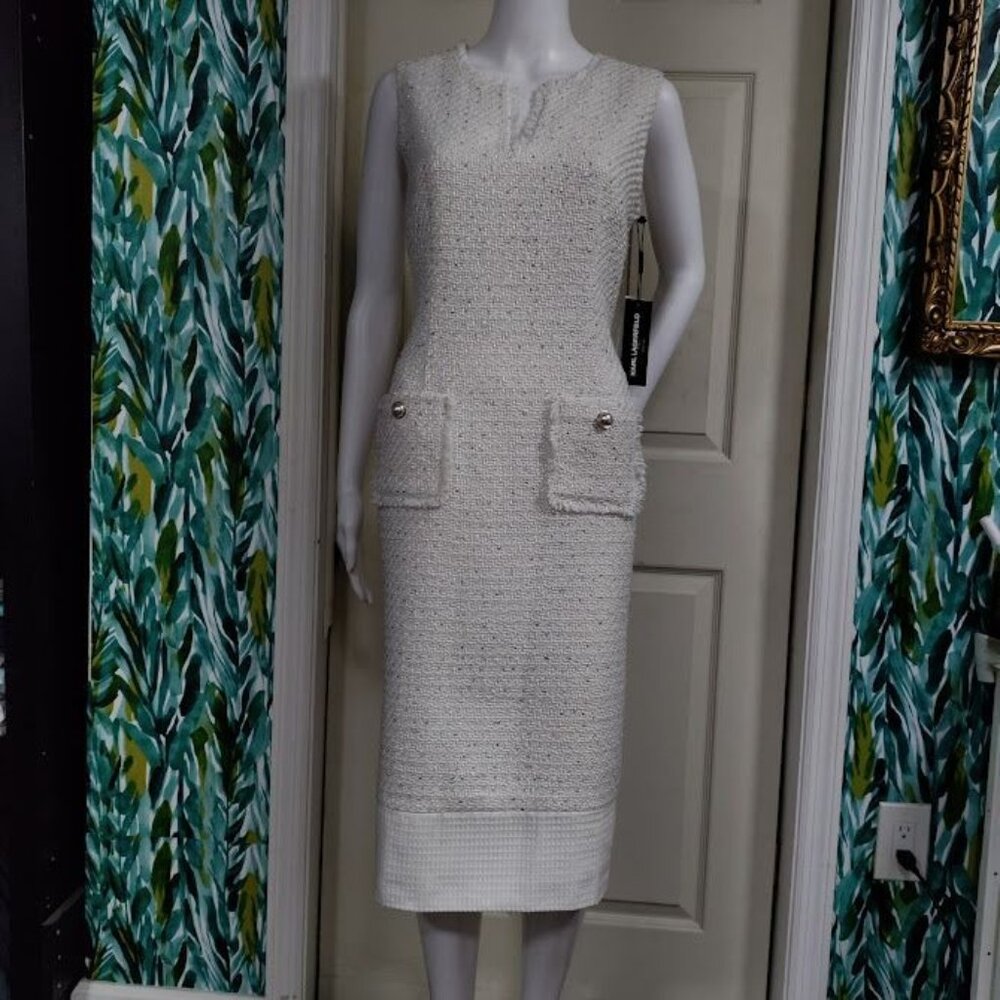 NWT Karl Lagerfield Paris Tweed Preppy Formal Shift Dress White Womens Size 10 - Picture 4 of 16